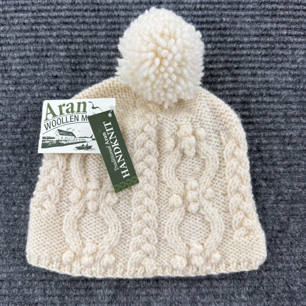 Aran Woollen Mills Handknit Tea Cosy Cream Cable Knit Pom Pom Wool